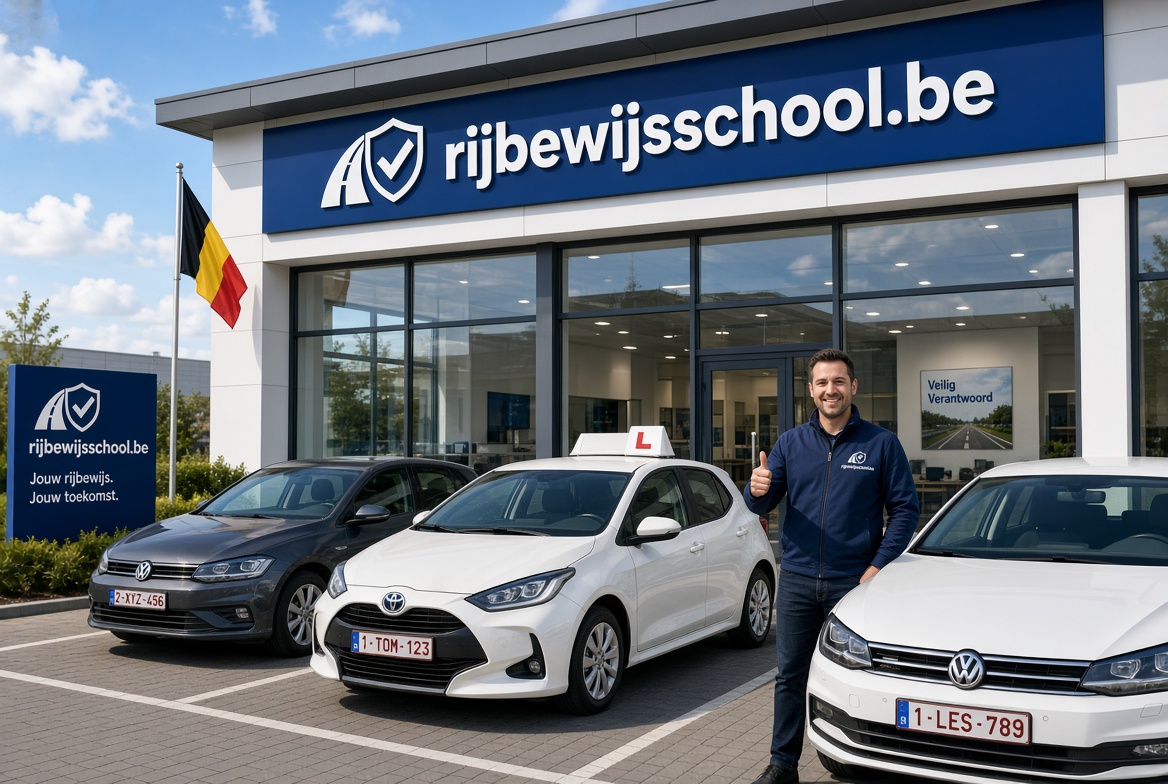 Professionele rijbewijsschool gevel met rijbewijsschool.be branding en Belgische vlag